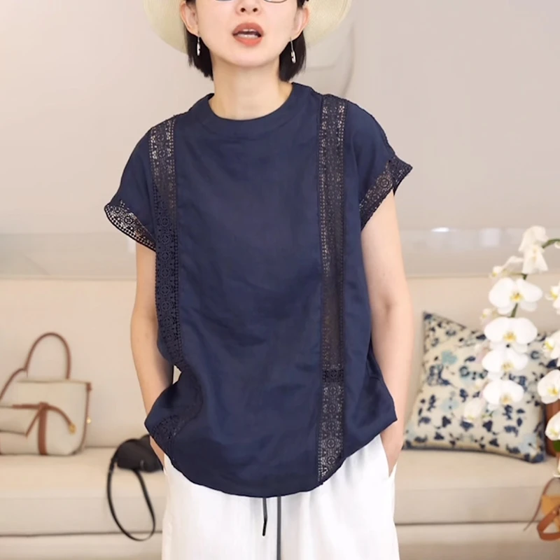 2025夏季亚麻短袖衬衫女新款洋气减龄宽松设计感薄款蕾丝镂空上衣