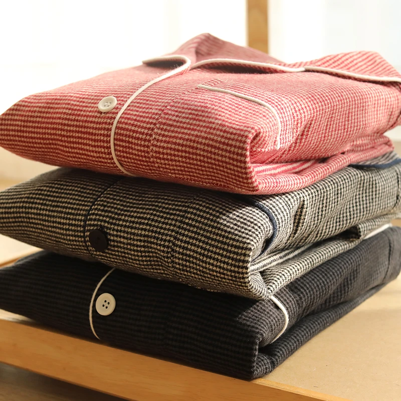 秋冬纯棉情侣睡衣磨毛绒布男士翻领千鸟格保暖宽松女士家居套装