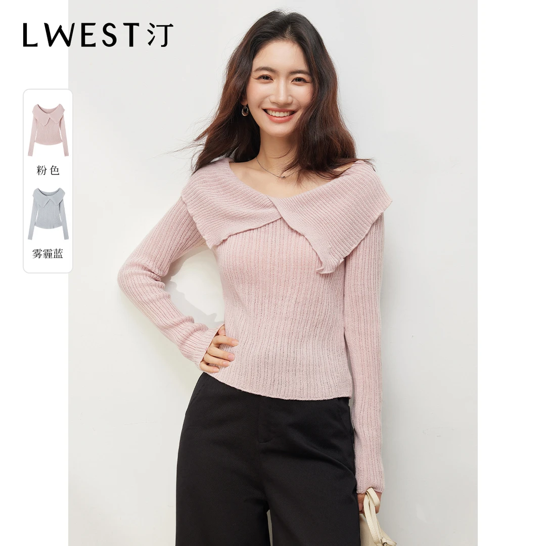 Z朗文斯汀新款优雅气质长袖上衣法式翻领小心机坑条纹针织衫女