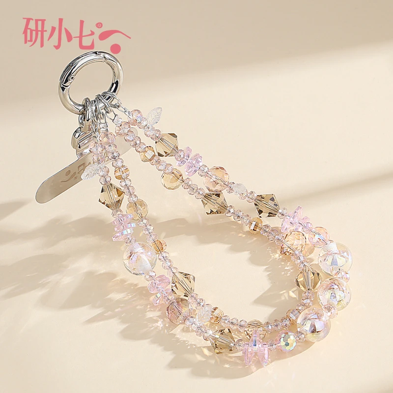 研小七粉色水晶串珠挂绳挂件手工个性创意手机链饰防丢钥匙扣A009
