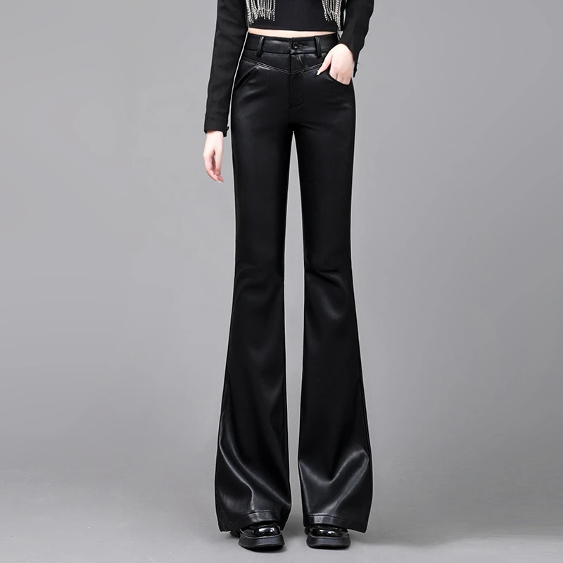 大码黑色皮裤女2025新款秋冬季小个子爆款高腰外穿微喇叭裤子显瘦