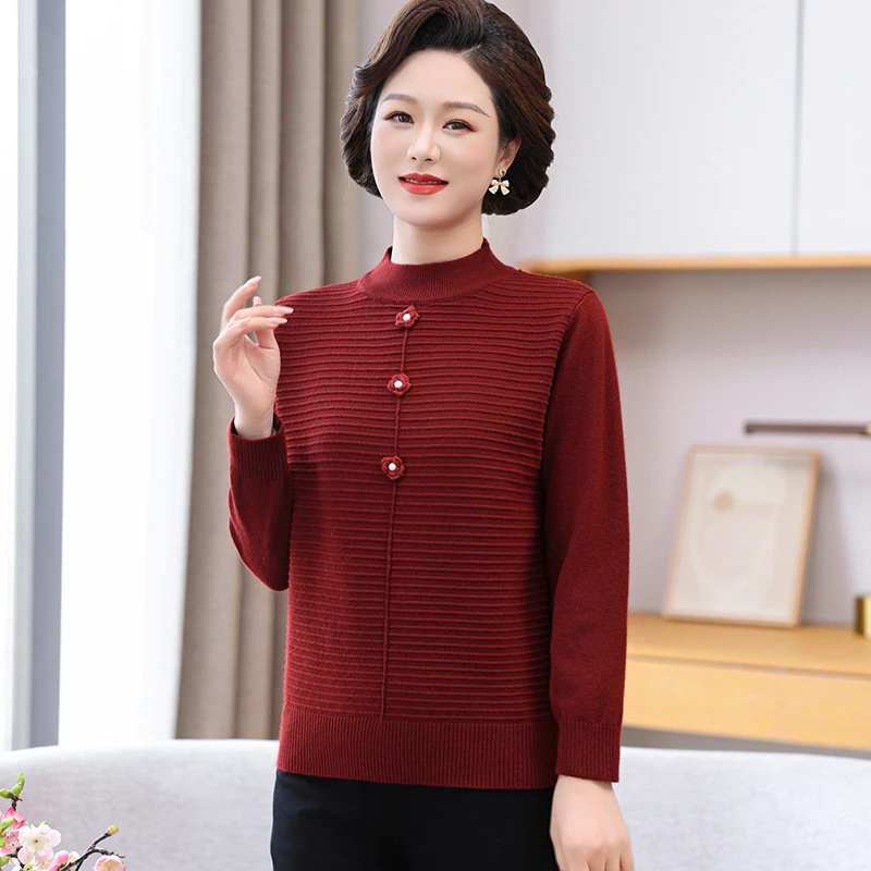 2025秋冬新款立体装饰半高领针织衫大码宽松长袖毛衣时尚妈妈装