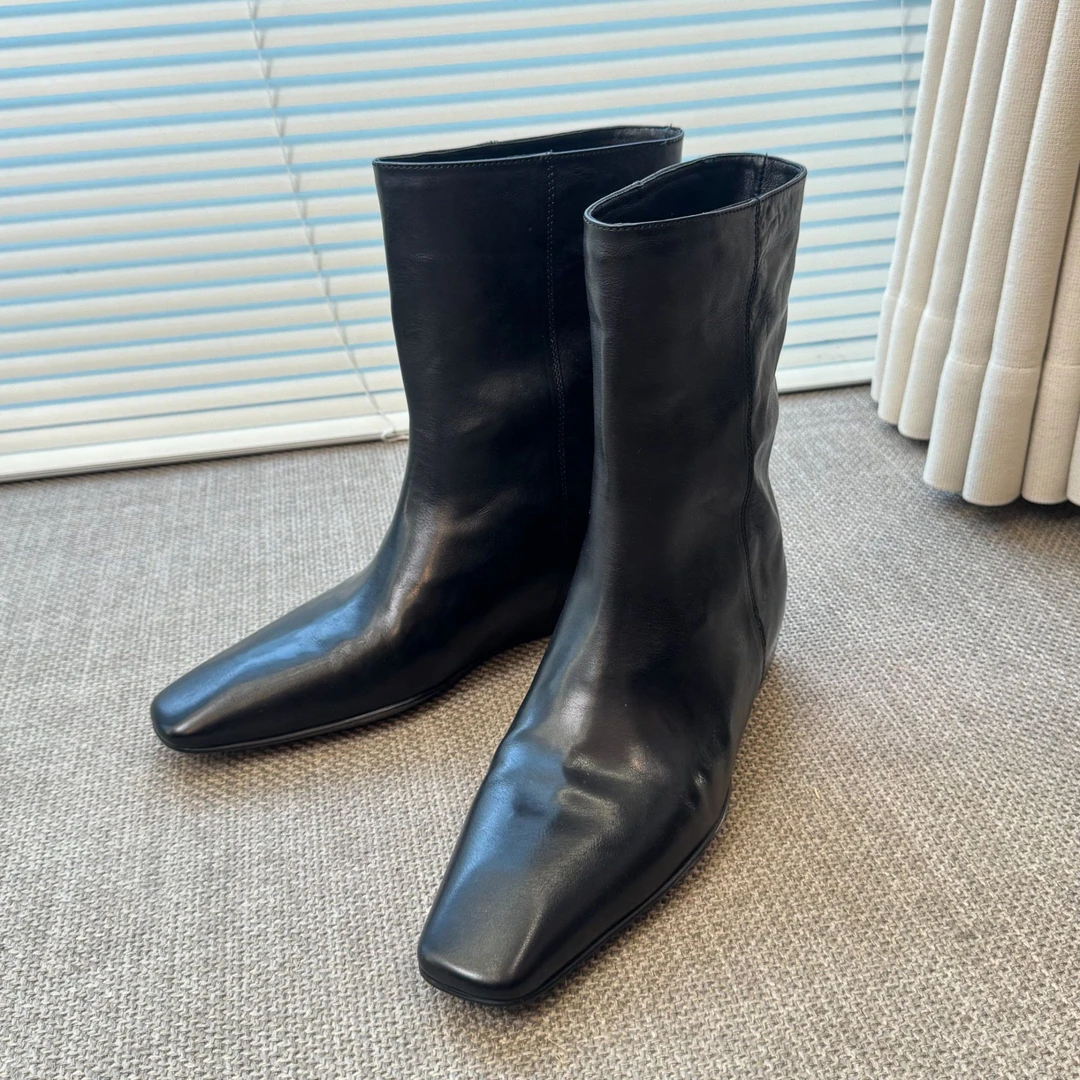 【小牛皮极简时装靴女跟高5cm】2025秋冬加绒套筒百搭时尚中筒靴