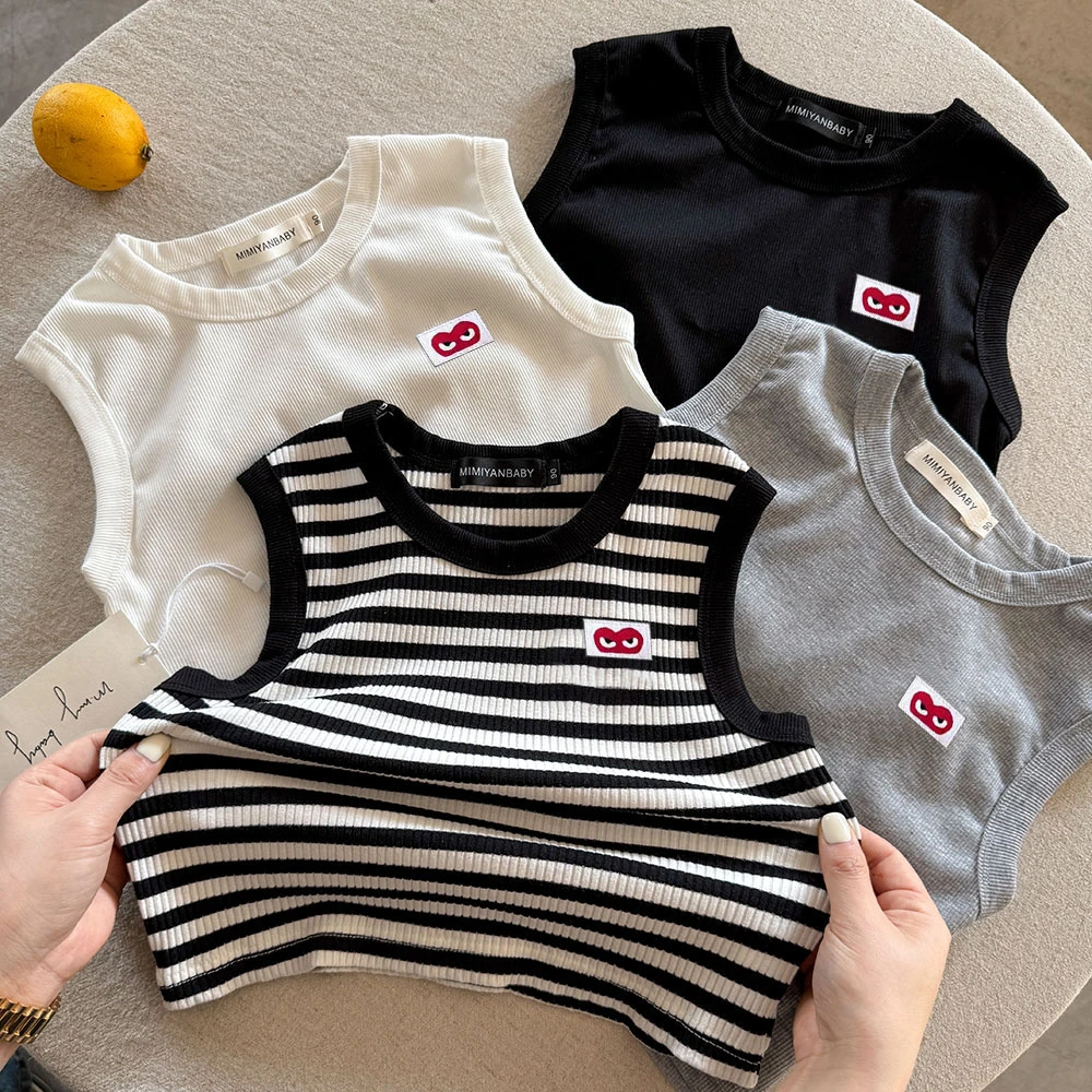 新款儿童背心男夏季新款小童无袖T恤爱心宝宝条纹工字背心女薄款