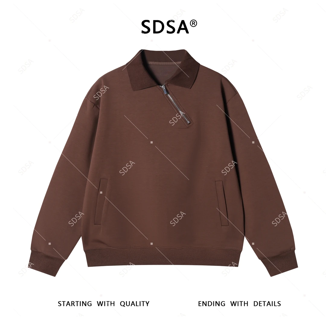SDSA男士秋冬新款轻奢痞帅男装纯色斜拉链翻领套头卫衣百搭潮牌