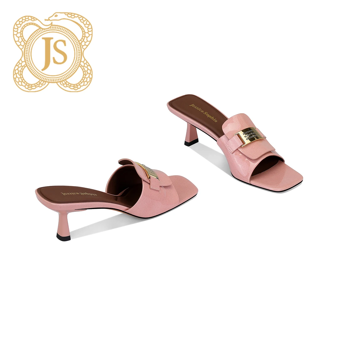 已开价，0527L6516时尚夏季方头细跟漆皮少女粉中跟软底一字拖鞋