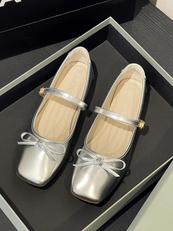 春季银色芭蕾鞋女夏蝴蝶结玛丽珍舞鞋法式浅口平底单鞋软底瓢鞋