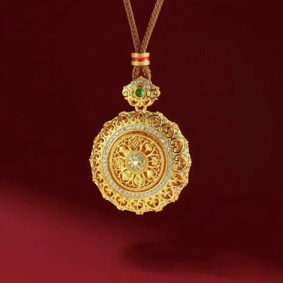 铜合金吊坠 镀K金吊坠  新中式点钻花丝如意转动八宝罗盘吊坠项链