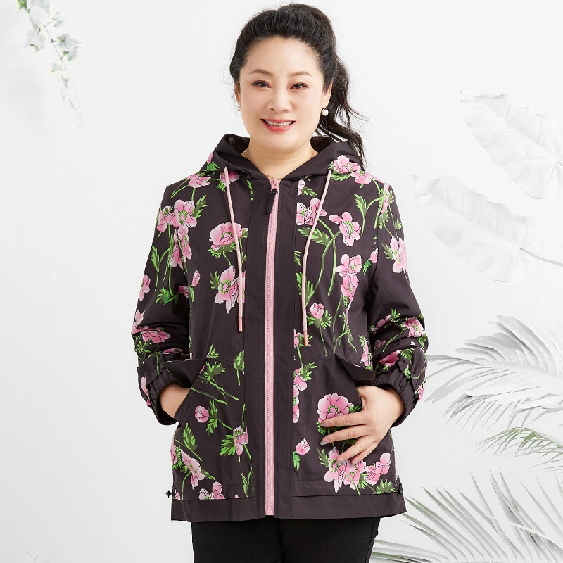 胖太太大码女装秋季新款时尚花朵图案中长风衣外套宽松824307011