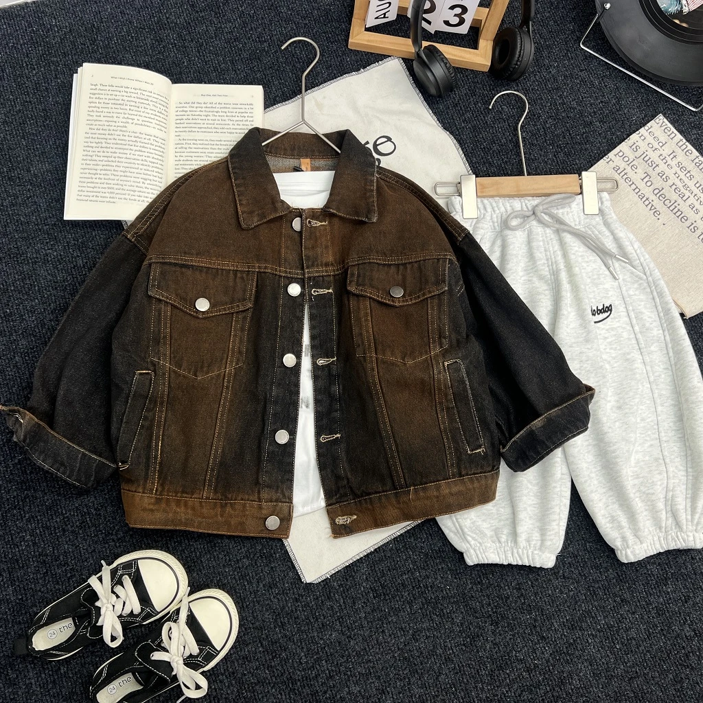 A-101儿童男女休闲欧简约工装百搭砂洗做旧宽松漆染时尚牛仔外套