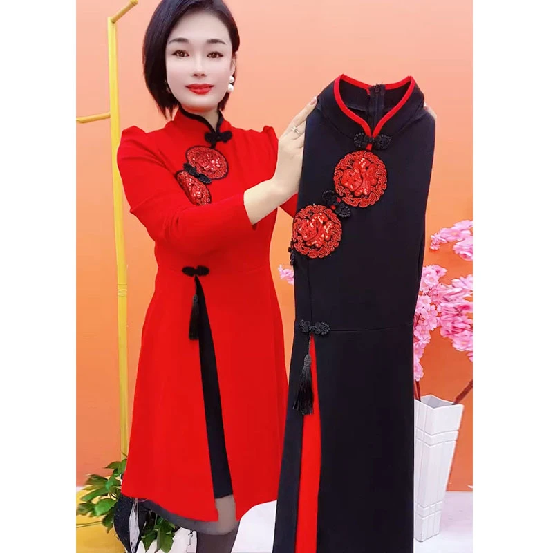 秋冬季新款气质时尚本命年妈妈装红色中式连衣裙修身中长款裙子女
