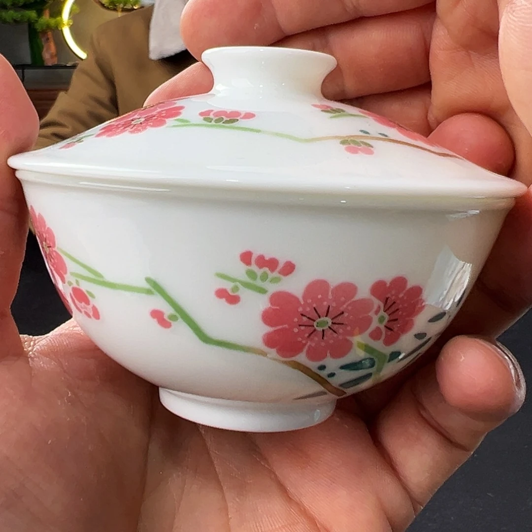 耐**待柴窑勾边红梅九厘米盖碗一级品