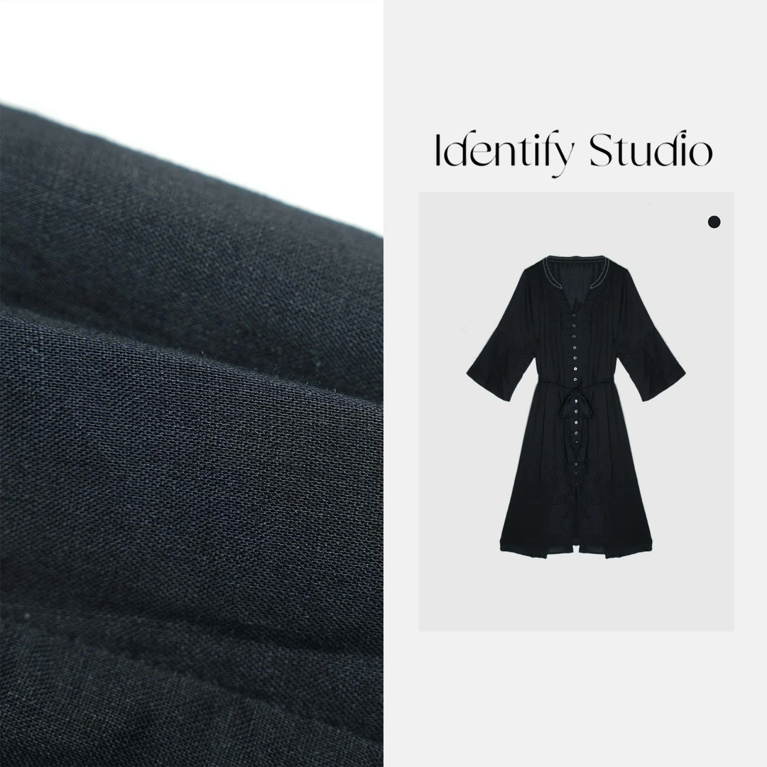 IDENTIFY"发明家"夏上新刺绣领褶皱收腰吊带内衬苎麻连衣裙25SS