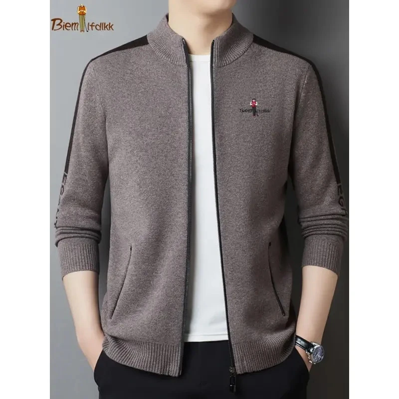 比音I勒芬秋冬男士纯羊毛开衫毛衣时尚休闲拉链半高领针织外套