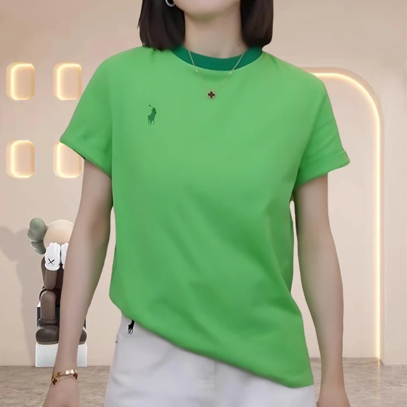 【纯棉】洋气衣服女2025夏季新款刺绣设计感撞色拼接女士圆领短袖女