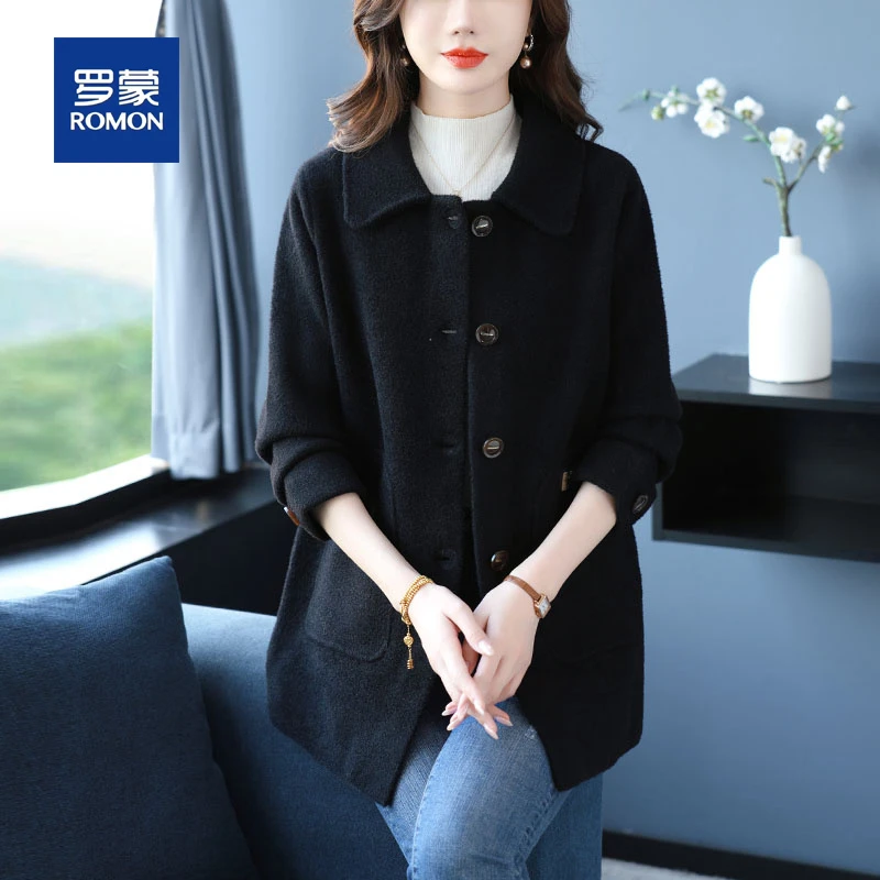 罗蒙女士翻领毛呢外套秋季新款中年妈妈呢子大衣秋冬季中老年女装