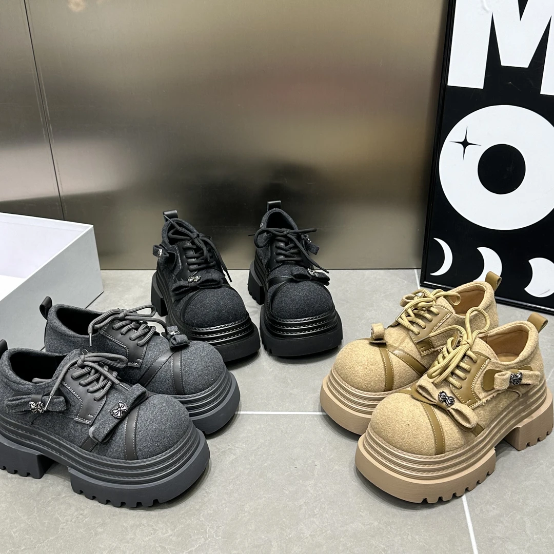 欧货2025早春新毛呢蝴蝶结系带低帮鞋圆头松糕厚底乐福鞋英伦女鞋