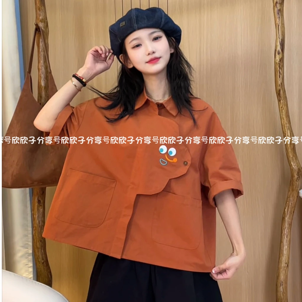 XZ“微笑衬衫”夏季棉料刺绣工艺款云朵门禁ins短款短袖衬衫上衣女