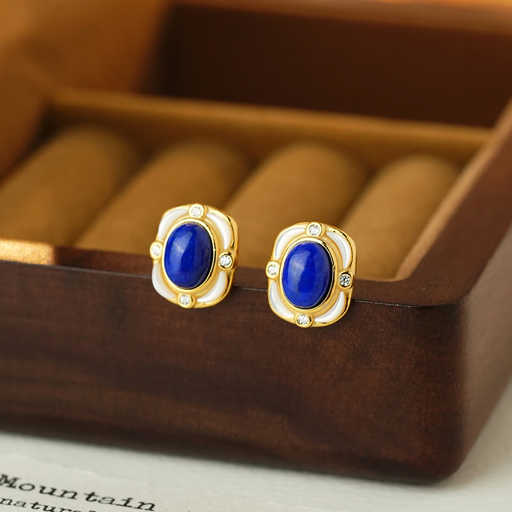 御臻珠宝｜青金石｜S925银｜波西米亚风法国中古耳钉百搭气质轻奢