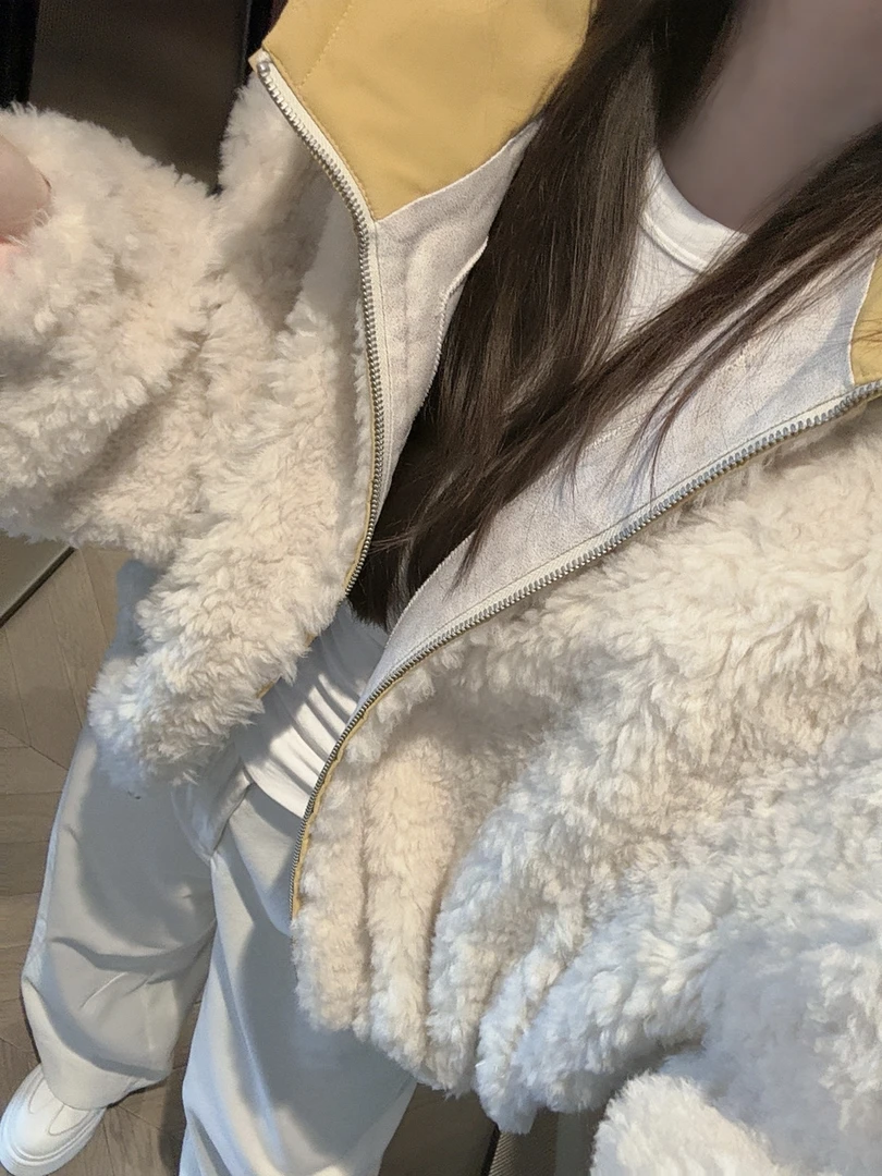 绵羊毛短款撞色连帽拼接外套百搭时尚加厚休闲连帽秋冬I5040