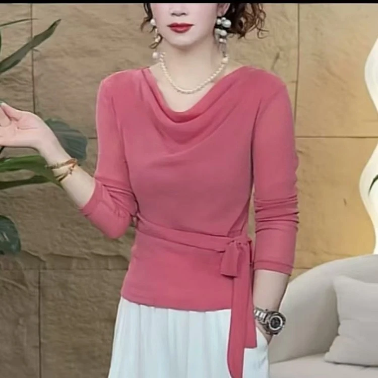 早秋系带打底小衫时尚堆堆领绑带J纯色百搭显瘦长袖上衣2025休闲