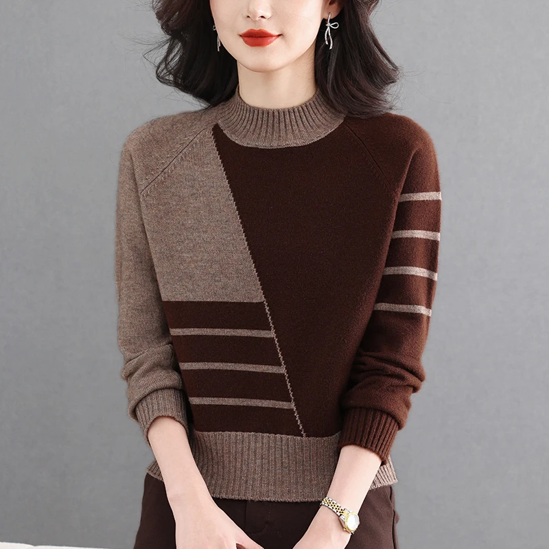 秋冬洋气时尚大码半高领毛衣女士宽松显瘦百搭短款拼色针织打底衫