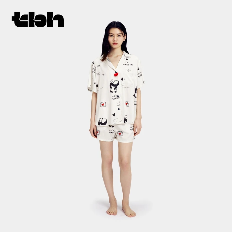 tbh野兽派家居熊猫嘭嘭星光缎短款家居服套装四季可外穿印花睡衣