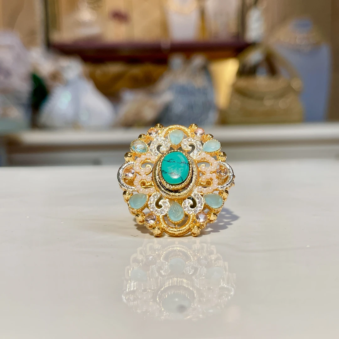 铜合金玻璃戒指 【02605】印度印巴戒指重工彩色镶嵌金色古典气质