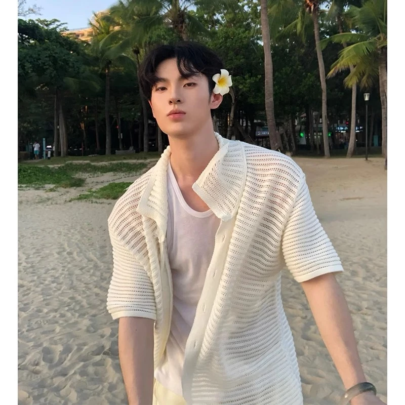 美式复古镂空衬衫男生夏季薄款老钱风穿搭针织衫cleanfit翻领t恤