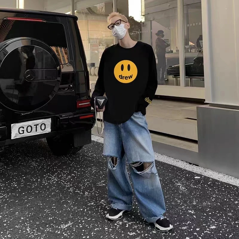 NOEASY笑脸Drew小众潮牌美式春秋宽松男士情侣内搭打底衫长袖T恤