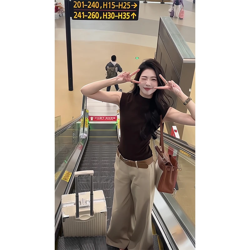 套装女2025新款爆款洋气半高领短袖上衣修身上衣高腰宽松阔腿裤