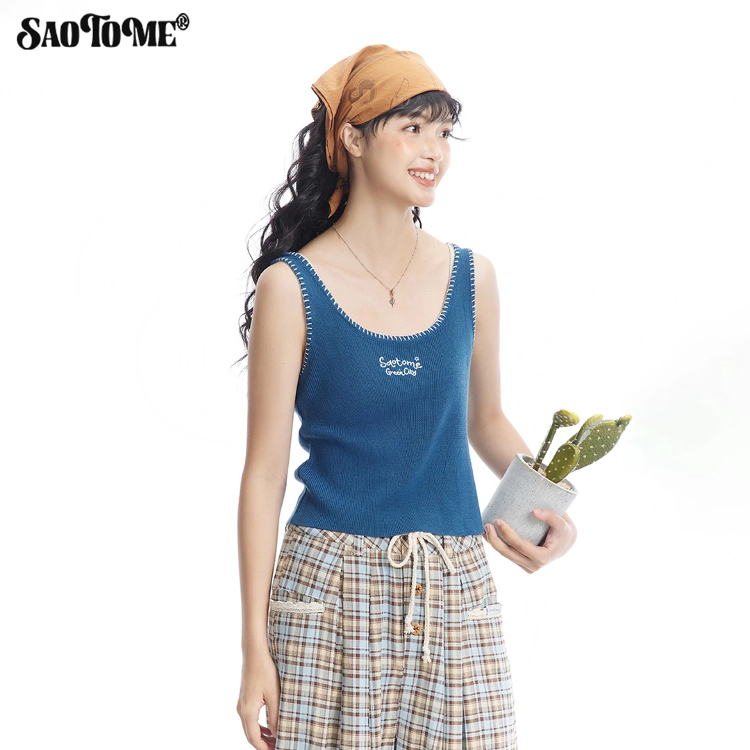 早乙女惠子saotome 日系凉感一字绣撞色logo刺绣毛织短款背心1061