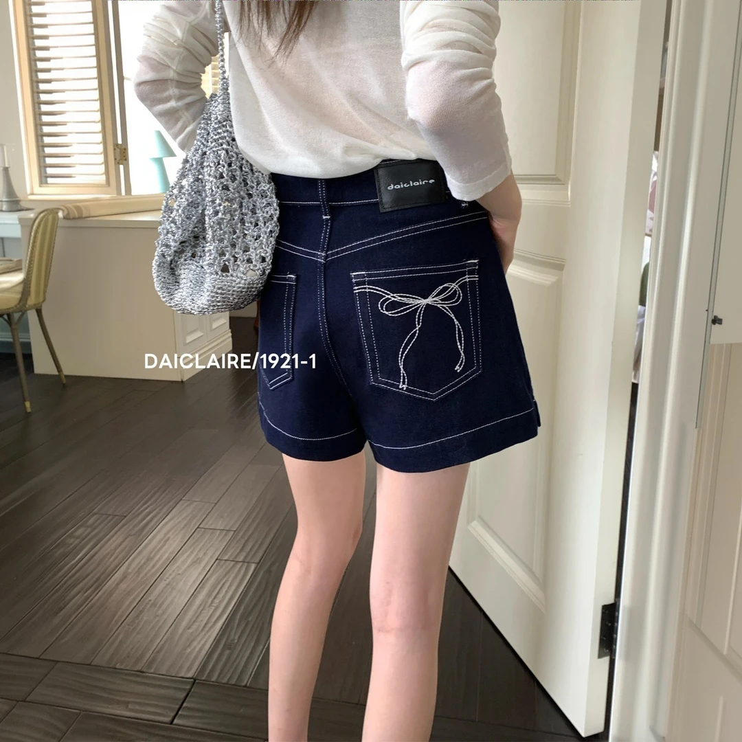 代嘉儿daiclaire牛仔裤女夏季新款高腰弹力普洗蓝A字短裤1921-1