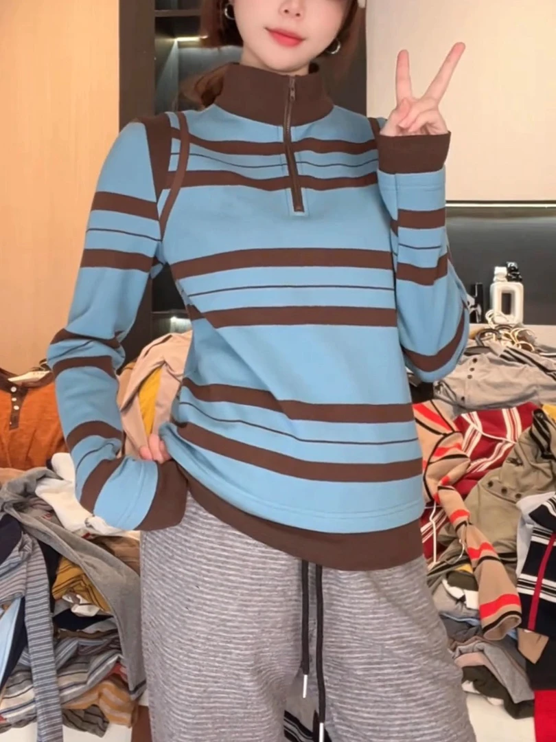 立领撞色条纹刺绣长袖T恤女2025秋冬新款时尚百搭显瘦半拉链上衣