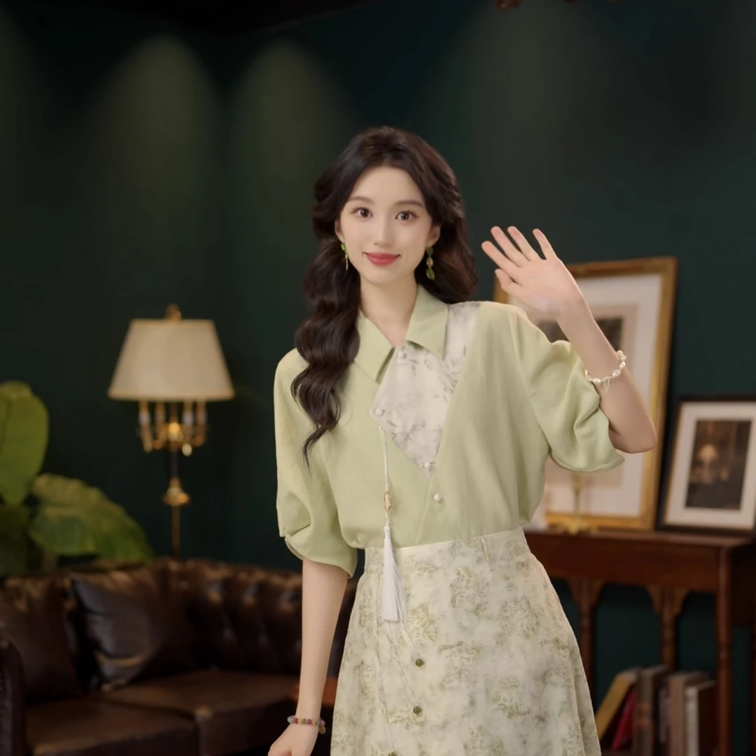 琦琦【抹茶玉桂】温柔衬衣休闲百搭短袖衬衫女夏季上衣YS1113446