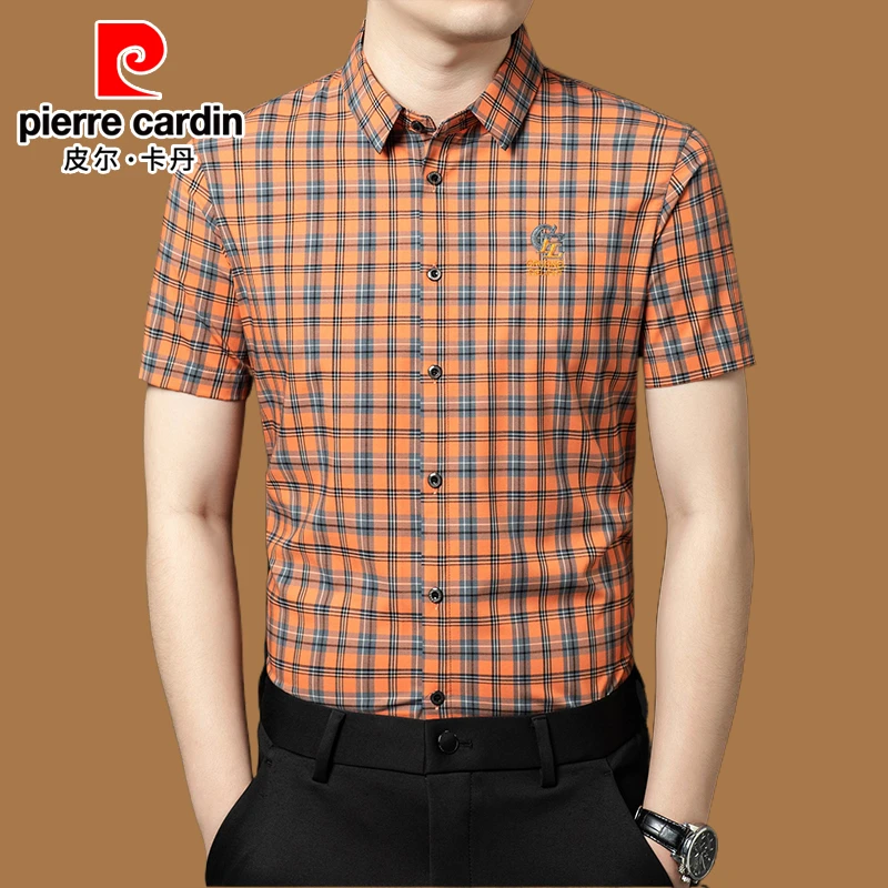 皮尔卡丹正品男士短袖衬衫夏季薄款中年高档时尚休闲格子免烫衬衣