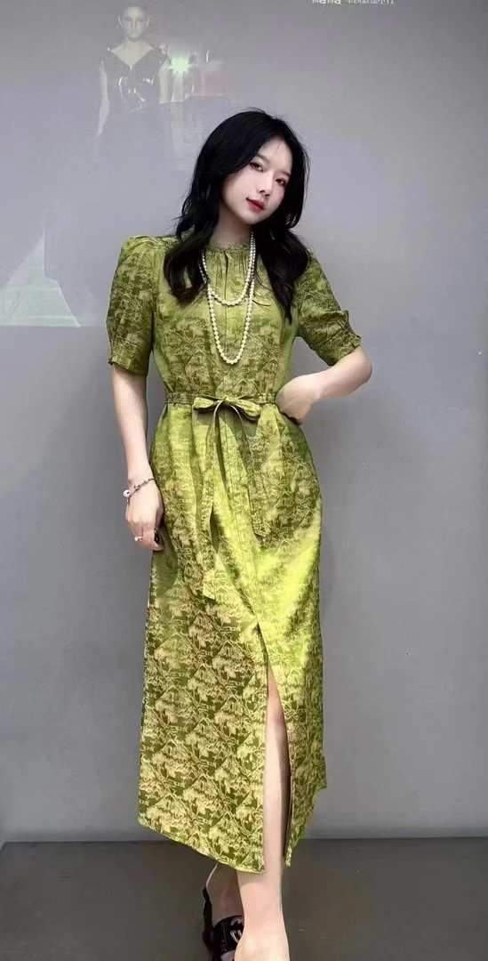 裙子显瘦夏季长裙印花提花少女风旗袍高腰气质荡领连衣裙法式