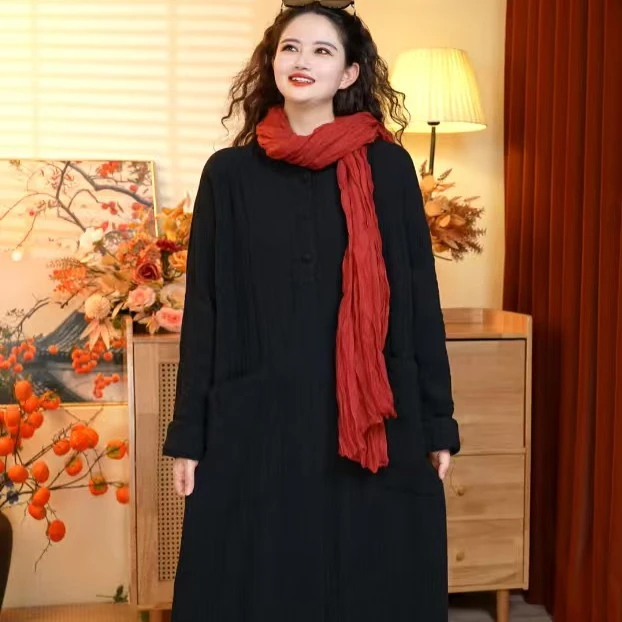 秋加厚-写生女装【初尘】Y-213肌理亚麻圆领盘扣大口袋复古长袍长裙