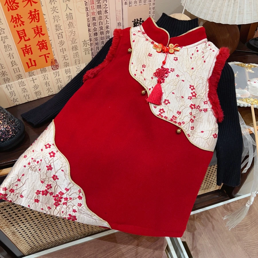 HHkids2025女童中式儿童洋气时尚拼接国风拜年旗袍裙HQZ018