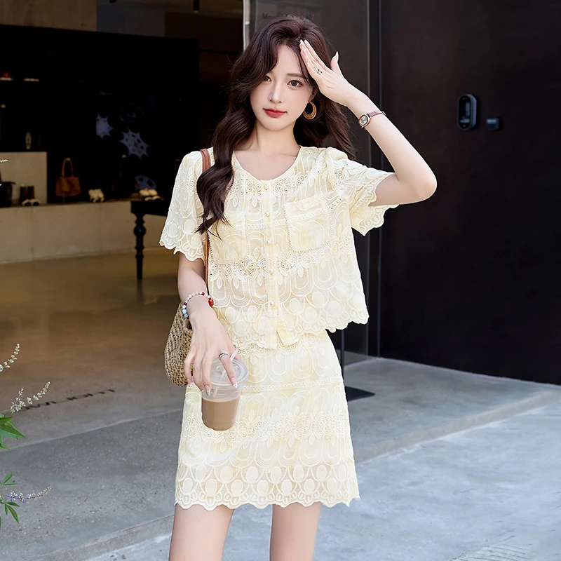 小香风蕾丝套装女2025夏季新款爆款小个子气质洋气穿搭短裤两件套