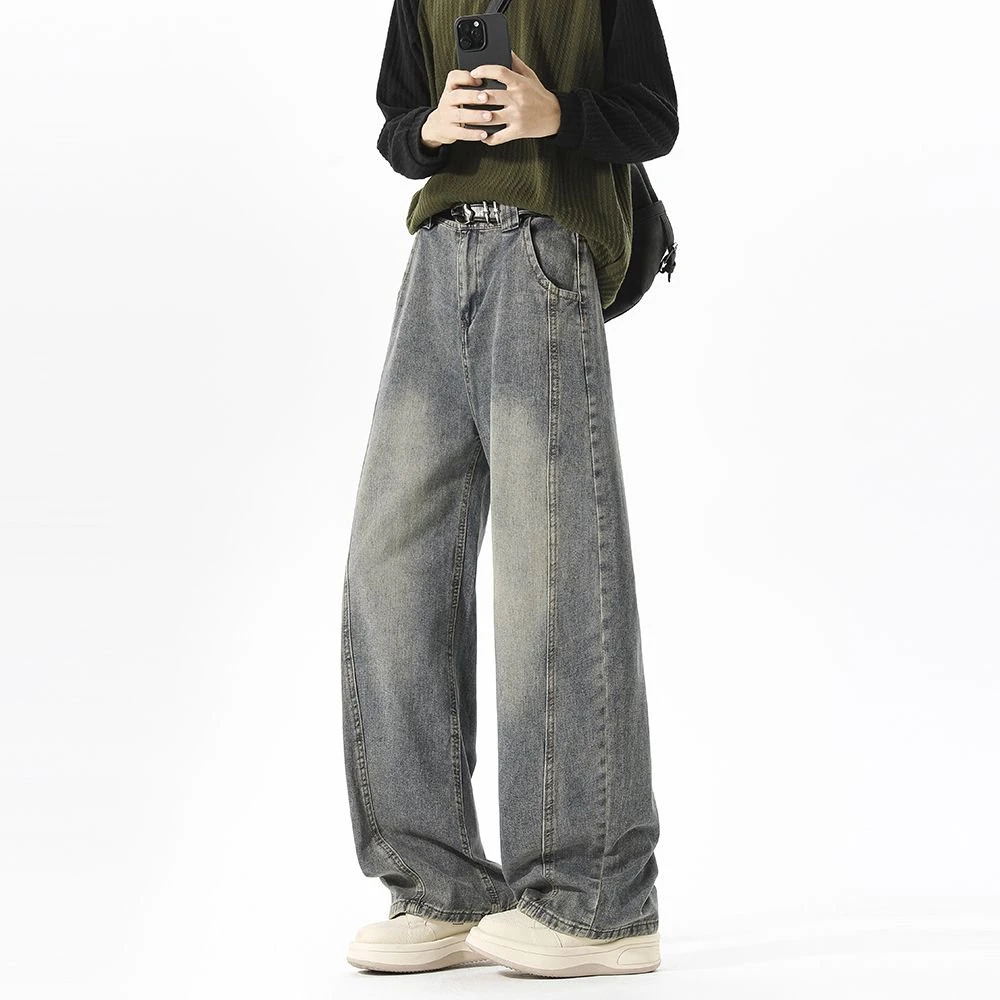 阿叔秋冬美式复古水洗做旧结构拼接弯刀裤子百搭高街牛仔裤AG-325