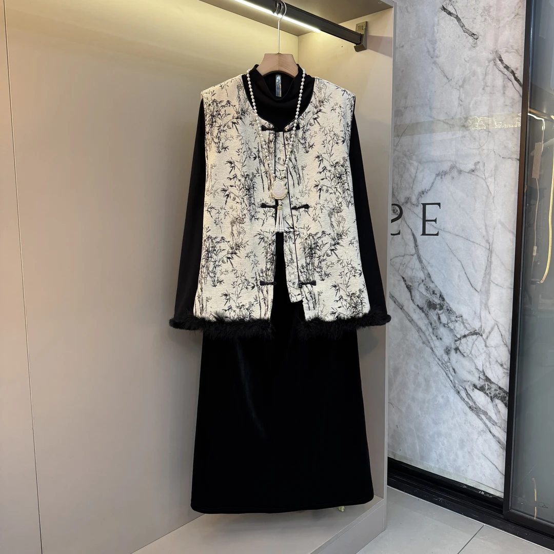 2025新款大码气质新中式竹子洋气复古设计感内搭马甲丝绒半裙5397