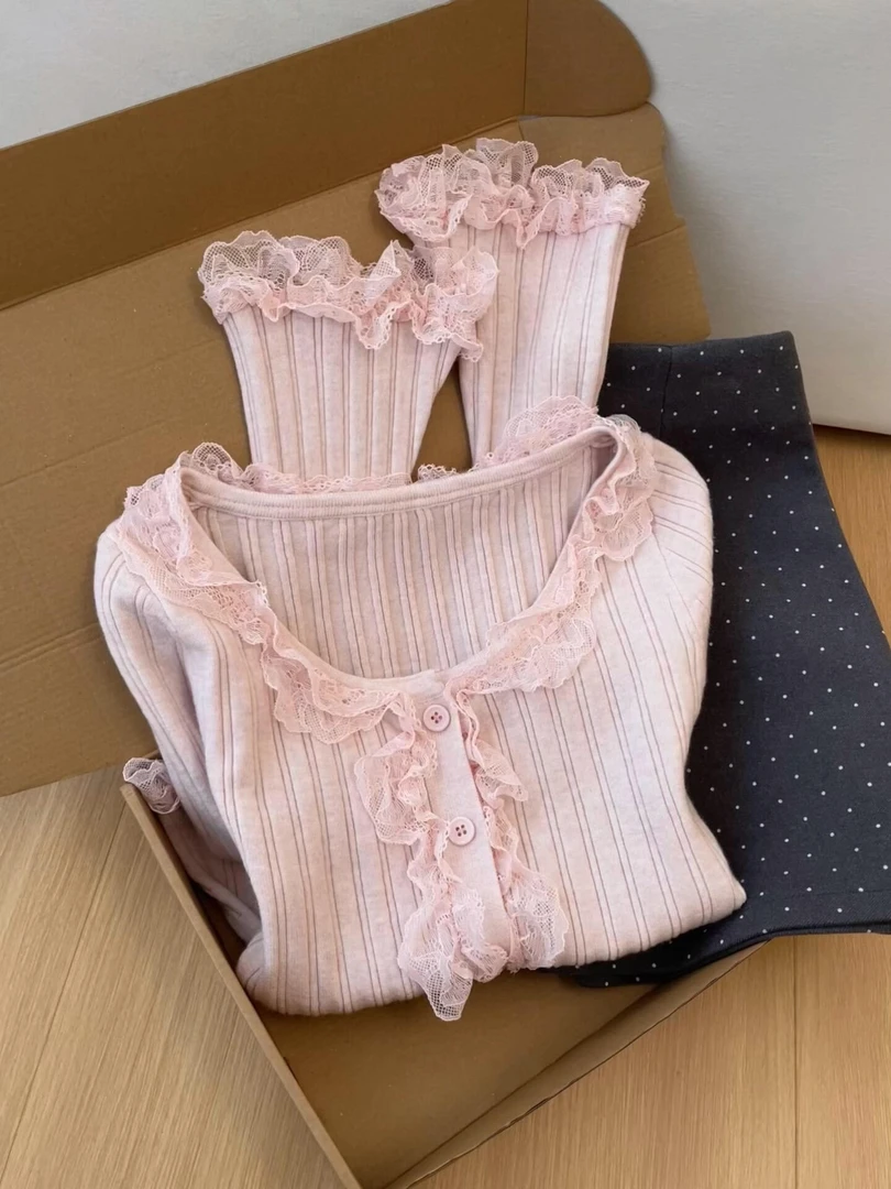 韩系蕾丝花边拼接针织开衫毛衣女秋季新款休闲百搭慵懒风显瘦上衣