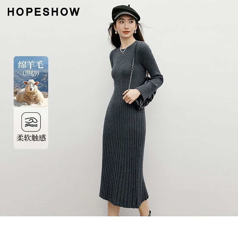 红袖2025冬女装竖坑条正肩长袖圆领套头A字针织连衣裙90125371601