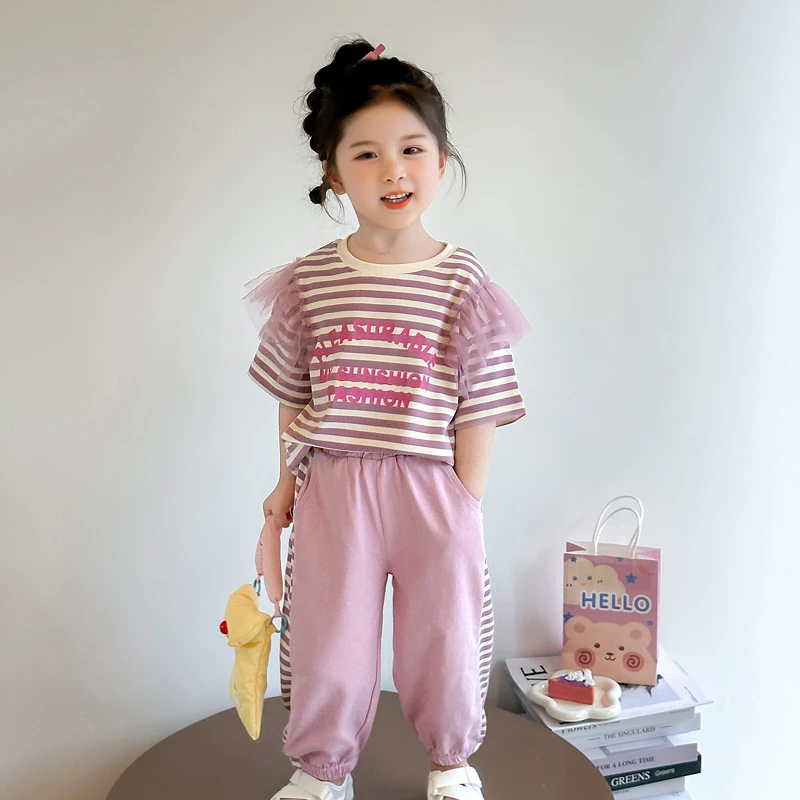 女童夏季休闲套装3-6岁儿童2洋气条纹短袖两件套女孩宝宝夏装衣服