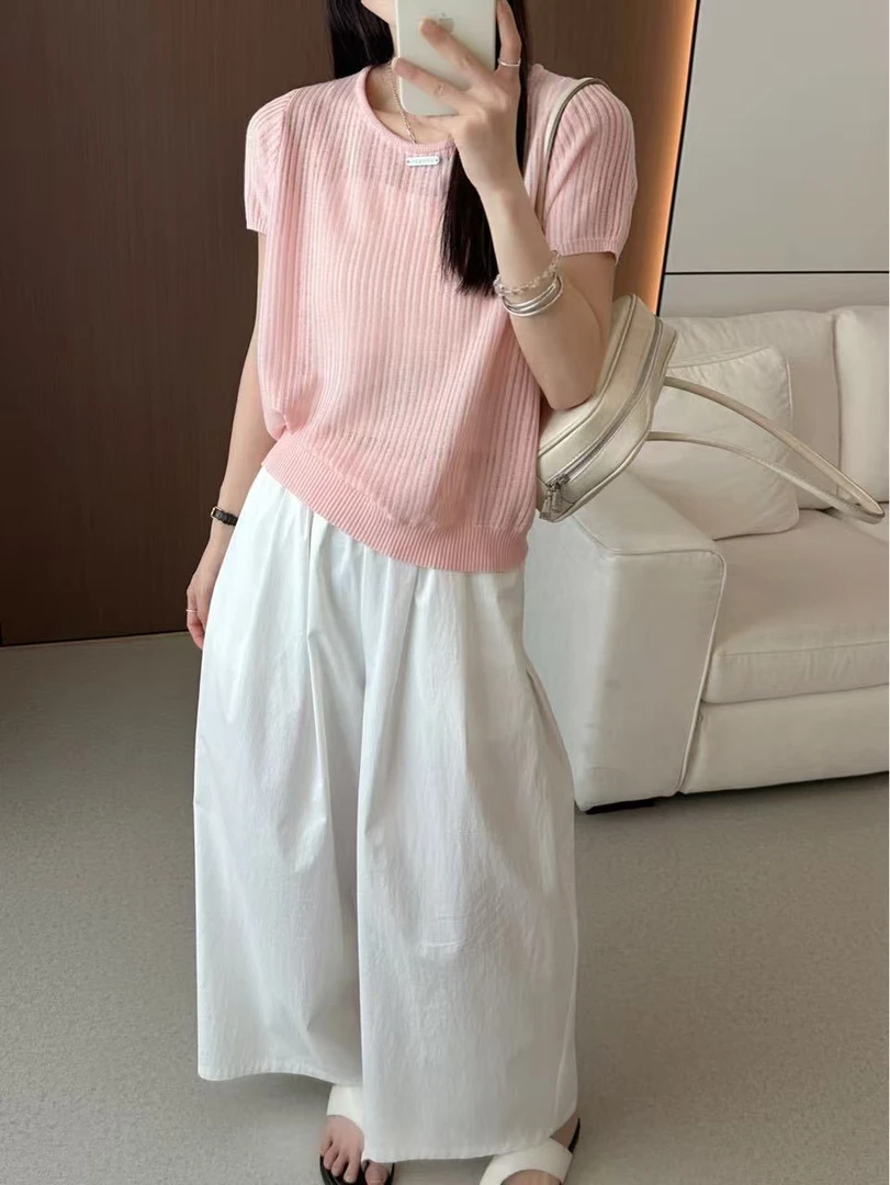 短袖纯色毛针织衫气质韩版小众显瘦常规款镂空圆领