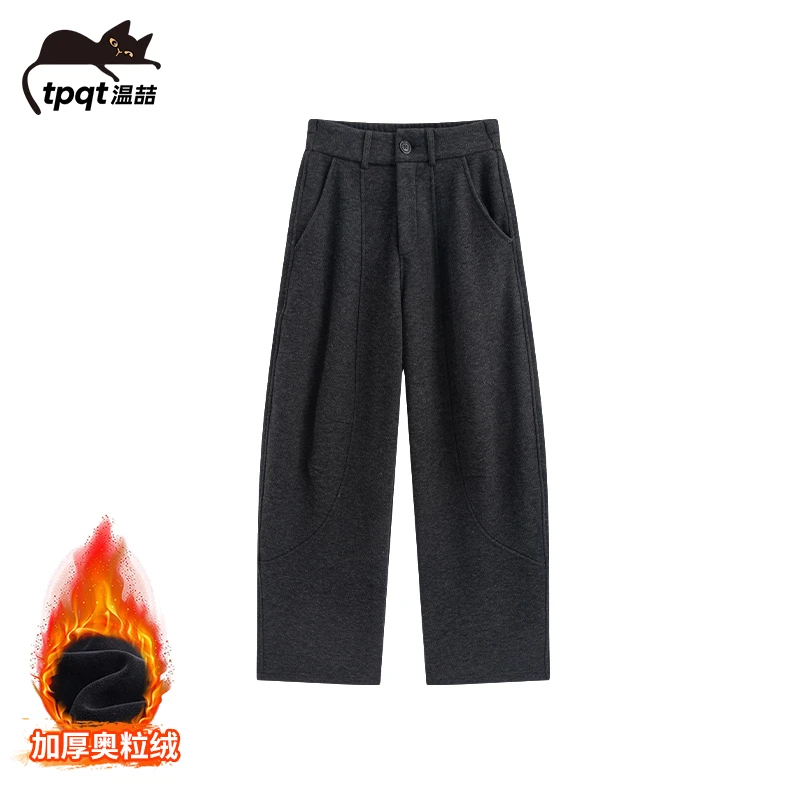 【思思姐】“贝斯裤”冬季新款加绒毛呢感奥粒绒休闲百搭西装弯刀裤