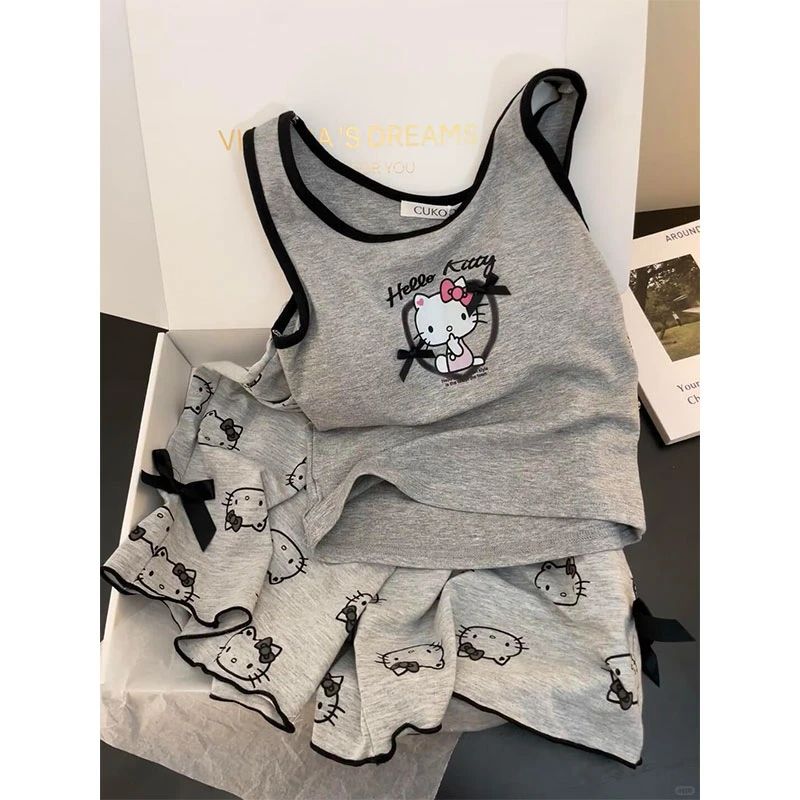 【kitty猫蝴蝶结】韩版甜美睡衣套装女带胸垫防凸点一体外穿家居服