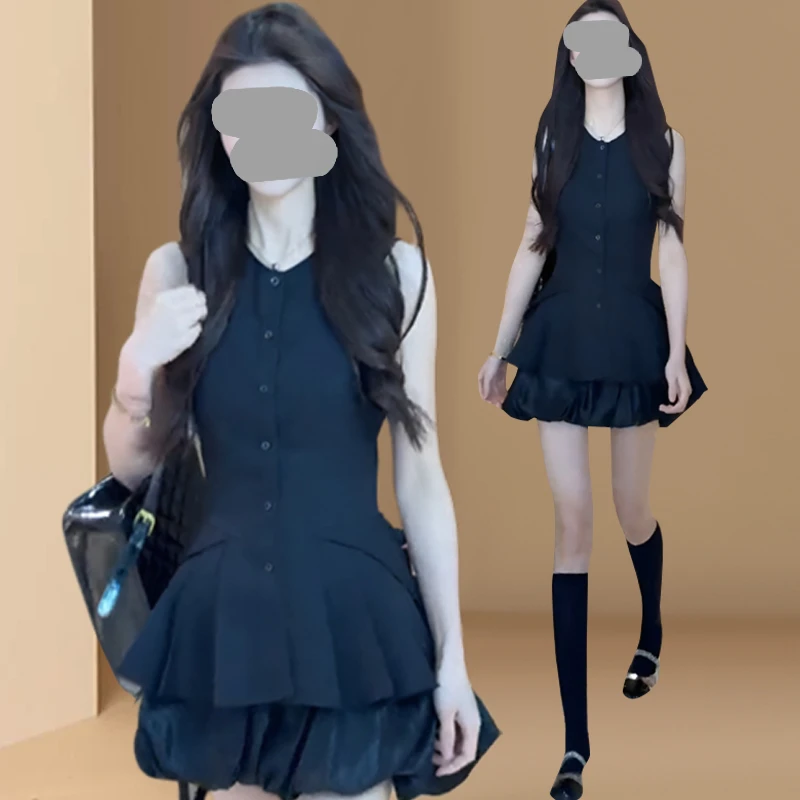 韩系穿搭一整套纯色无袖背心两件套设计感短花苞半身裙子套装女夏