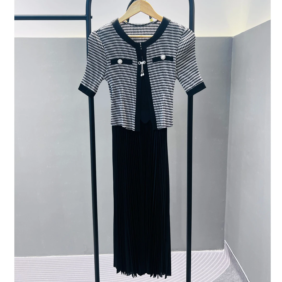 【高品质】三宅褶皱夏连衣裙修身显瘦假两件套连衣裙百褶中长款裙子